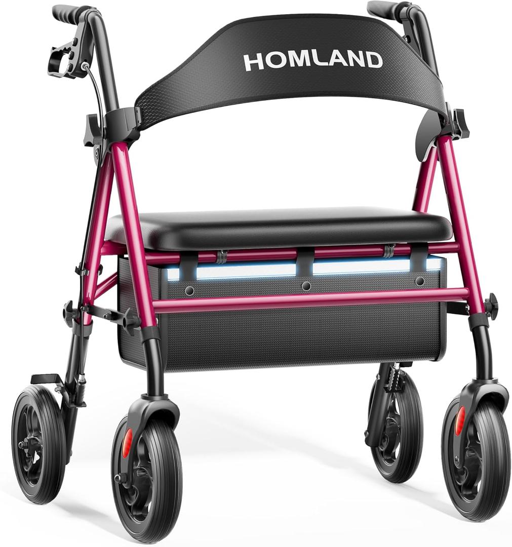 Bariatric Walkers for Seniors, 500lb Heavy Duty Rollator Walker with Extra Wide Padded Seat, 8 All Terrain Foldable Rolling Walker with Dual-Height Adjustable (Burgundy)