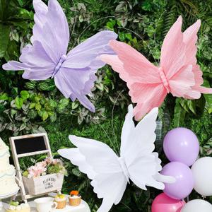 Honoson 3pcs Large Butterfly Party Decorations Hanging 3D Crepe Paper Butterfly Decoration Giant Supply for Christmas Party Birthday Baby Shower Wedding Garden Wall(Purple, Pink, White, 20 Inch)