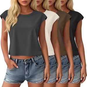 Velvelhall 4 Pack Women's Cap Sleeve Shirts Basic Crop Tops Solid Crewneck T-Shirts Loose Fit Tank Summer Casual Tees(Black, Brown, Cream, Dark Gray,Medium)