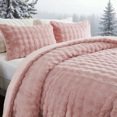 Bedbay Pink Plush Comforter Set King Size Faux Fur Bedding Comforter Set 3 Pieces Luxury Faux Rabbit Fur Bubble Bedding Soft Warm Shaggy Velvet Reversible Duvet Set for Girls Teen Adults