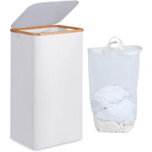 efluky Laundry Hamper with Lid, 100L Tall Laundry Basket with Bamboo Handles for Clothes and Toys, Collapsible Laundry Hamper with Inner Bag for Bedroom and Bathroom, White