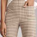 Women's Plaid Flare Pants Summer Casual Gingham Elastic Waist Ruffle Cropped Hem Y2K Loose Fit Trousers with Pockets (Brown, L)