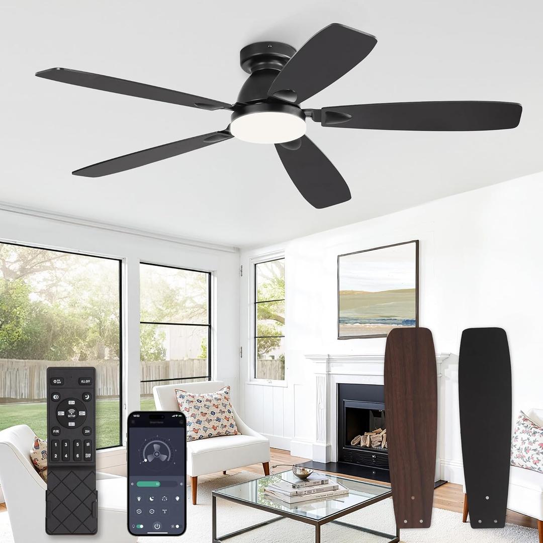 52 Inch Ceiling Fans with Lights and Remote Control,Modern Flush Mount Ceiling Fan with 3CCT Dimmable,Low Profile Ceiling Fans with 6-Speeds Reversible DC Motor for Bedroom Living Room(Black)