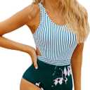 MOLYBELL One Piece Swimsuits for Women High Waisted Bathing Suit Monokini Floral Print Cutout Racerback Zip Up (Medium, White)