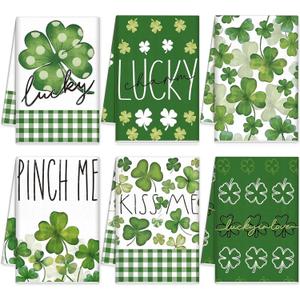 VitalCozy 6 Pcs St. Patrick's Day Kitchen Hand Towels Shamrock Dish 14 x 21 Inch Decorative Absorbent Green Irish Tea Towels for Kitchen Bathroom Gifts(Shamrock)