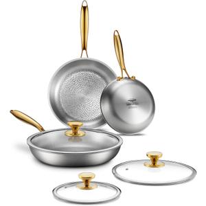 Titanium Pans | 8+10+12 Inch Pure Titanium Skillet Set with Lids for Cooking | Hammered Chef-Grade Tagine Design | PFAS/PFOA/PTFE-Free | Induction & Oven-Safe, Dishwasher Safe