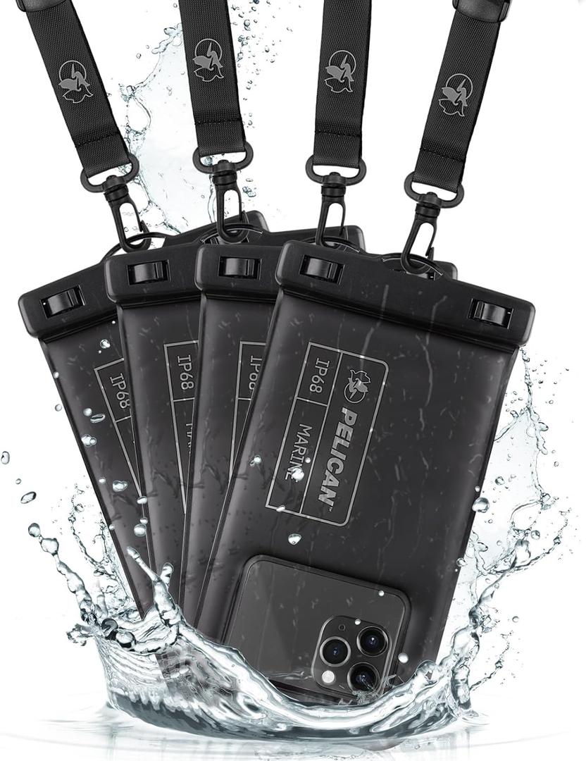 Pelican 4 Pack Marine - IP68 Waterproof Phone Pouch (Regular Size) Floating Waterproof Phone Case - Beach Cruise Ship Travel Essentials - Works with All Phones - Detachable Lanyard - Black