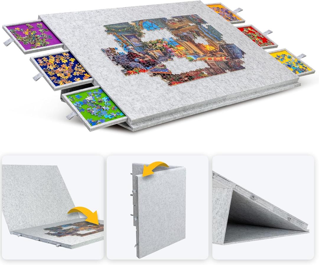 Lavievert 2000 Piece Tilting & Foldable Puzzle Table with 2-in-1 Designed Stand & Cover, Lightweight Felt Puzzle Plateau with 6 Colored Drawers, Portable Jigsaw Puzzle Board for Adults  Light Gray