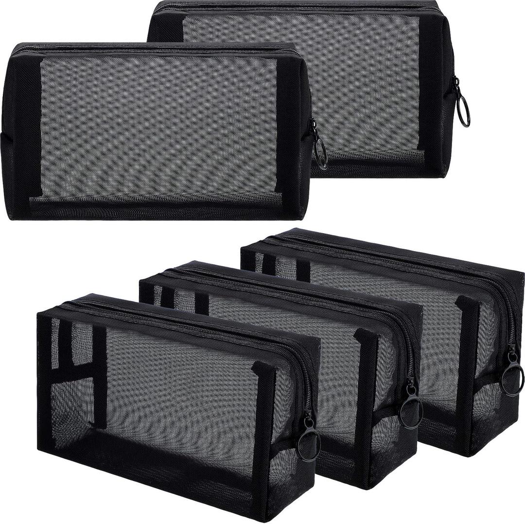 Sadnyy 5 Pieces Mesh Makeup Bag Portable Travel Cosmetic Bag Black Breathable Mesh Zipper Pouch for Home Offices Travel Accessories Organizer (7.1 x 4 x 2.4 Inch)