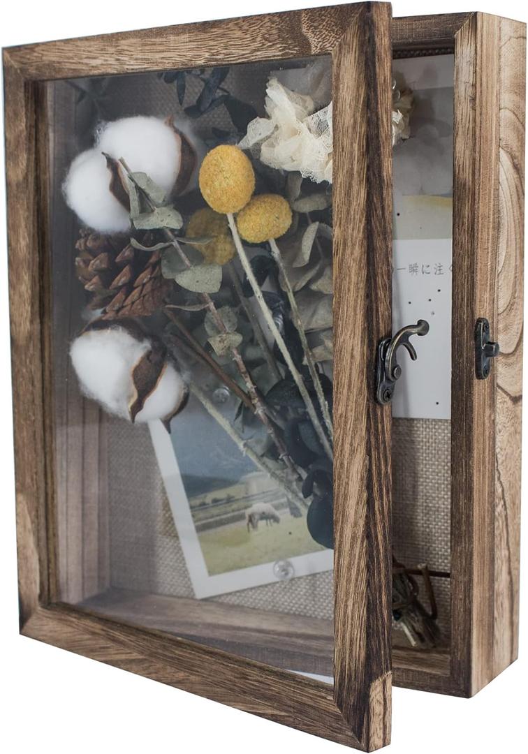 GraduationMall 8x10 Shadow Box Frame Solid Wood Glass Door Display Case with Linen Back and 6 Stick Pins,1.5 inches Interior Depth,Ideal for Memorabilia Pictures Flowers Medals Tickets (Carbonized Black)