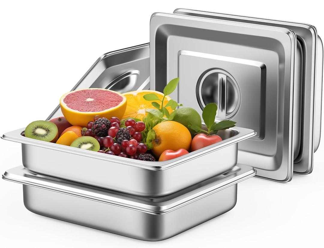 4 Pack Hotel Pans with Lids, 1/2 Size 2.5" Deep Stainless Steel Steam Table Pans 22 Gauge Anti Jam 12.8" L x 10.4" W Commercial Food Storage Containers Metal Pan