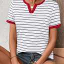 LilyCoco Women's Striped Shirt Short Sleeve Color Block Tops Notched Neck Summer Tee White Medium (M)