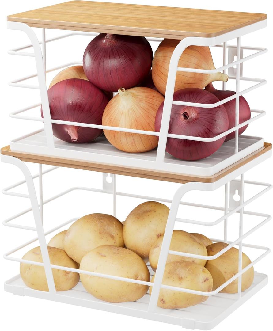 2 Pack Kitchen Organization for Onions,Potatoes - Fruit Basket for Kitchen Counter & Storage Basket,Stackable Storage Bins with Bamboo Top & Lightweight PP Mat,White