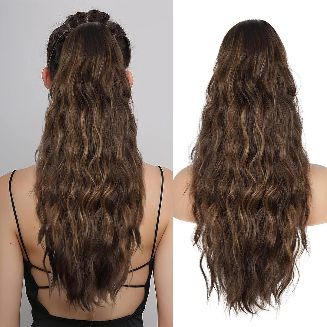 Drawstring Ponytail for Women, 26 inch Long Ponytail Extension, Synthetic Pony Tails Hair Extensions, Highlight Hair Extensions Ponytail for Daily Use (Color: Brown Mixed Honey Blonde)