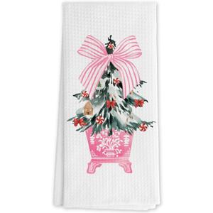 Chinoiserie Pink Christmas Tree Kitchen Towels, Coquette Bow Xmas Tree Decorative Hand Towels for Bathroom, Preppy Christmas Dish Tea Towels for Kitchen Decor, 16x24 Inch