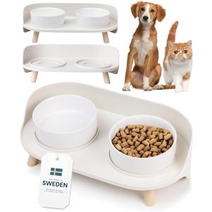 MalsiPree Dog Bowls Elevated & Pet Bowls - Small, Sand Beige - 45 Tilt Stand with Splash Guard - Dog Feeding Station with Ceramic Dishes for Food & Water