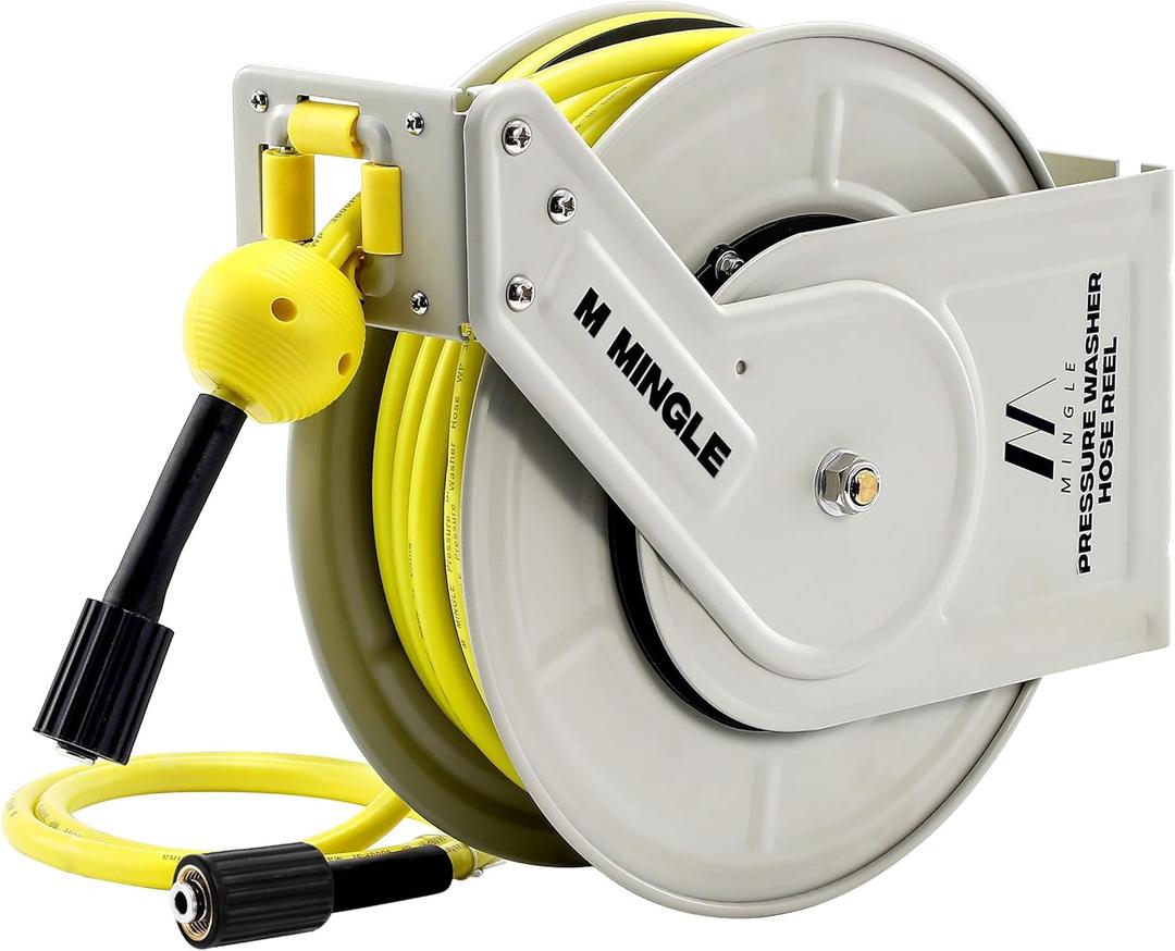 M MINGLE Retractable Pressure Washer Hose Reel, 1/4"  60ft Heavy Duty Professional Hose Reel, Auto Rewind Power Washer Hose Reel, Wall/Floor Mounted, 3600 PSI