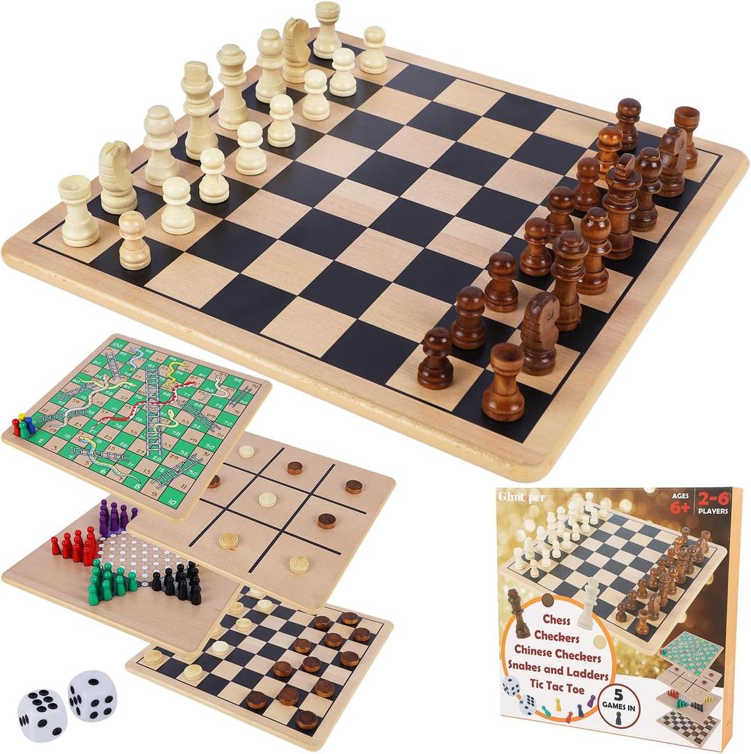 Glintoper 5-in-1 Wooden Board Game with 2 Reversible Boards for Chess, Checkers, Chinese Checkers, Snakes and Ladders, Tic Tac Toe, Tabletop Combo Classic Portable Board Games for Kids to Adult