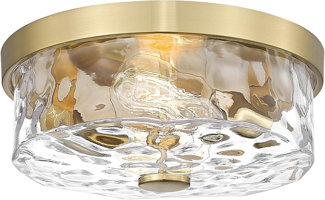 Flush Mount Ceiling Light with Water Ripple Glass Shade, Modern 2-Light Ceiling-Mount Light Fixtures for Bedroom Living Room Gold Metal Farmhous Ceiling Lamp for Lighting and Decoration