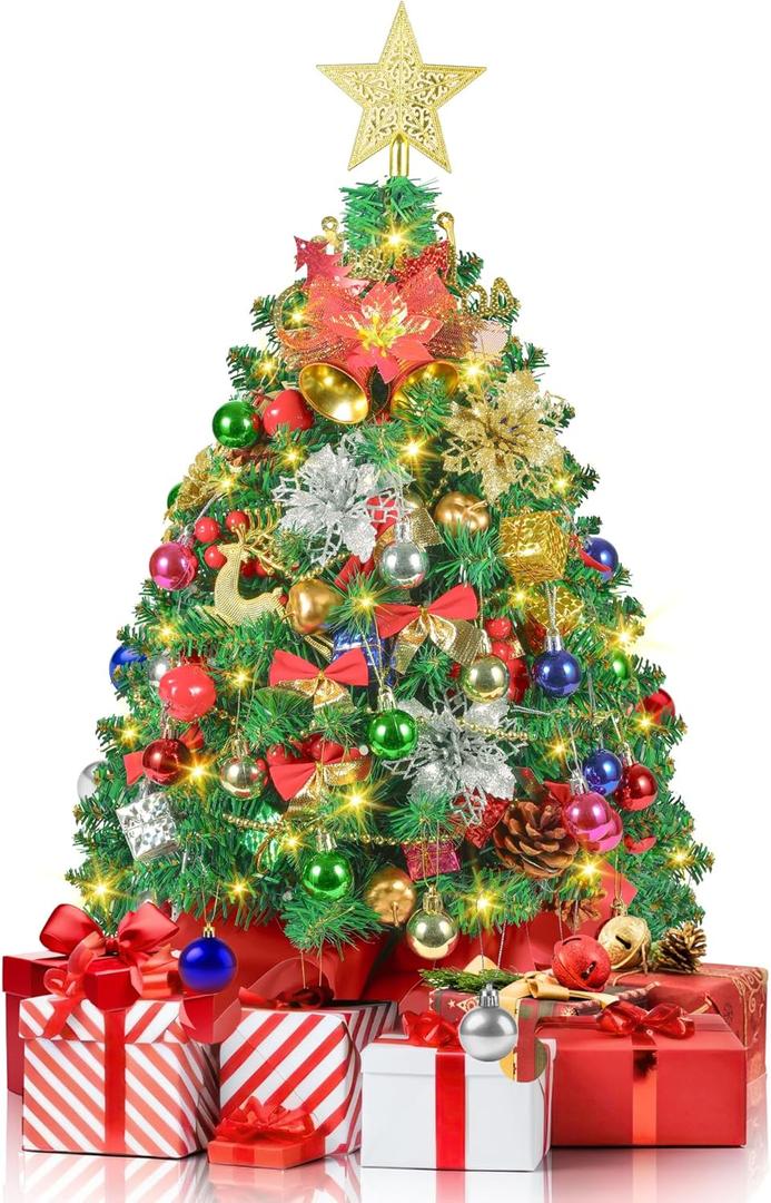 2FT Mini Christmas Tree, Artificial Tabletop Christmas Trees with 60 LED Lights, Prelit Small Christmas Tree, 100 Branch Tips, 80 Ornaments, Indoor Christmas Table Decor for Home Party (Pine Green)