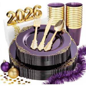 Nervure 175PCS Clear Purple Plastic Plates - Purple Party Plates Set for 25 Guests Include 25Dinner Plate, 25Dessert Plate, 25Cups, 75 Cutlery, 25Napkins Perfect for Wedding & Party & New Year