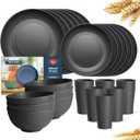 Teivio 24-Piece Kitchen Plastic Wheat Straw Dinnerware Set, Service for 6, Dinner Plates, Dessert Plate, Cereal Bowls, Cups, Unbreakable Plastic Outdoor Camping Dishes, Black