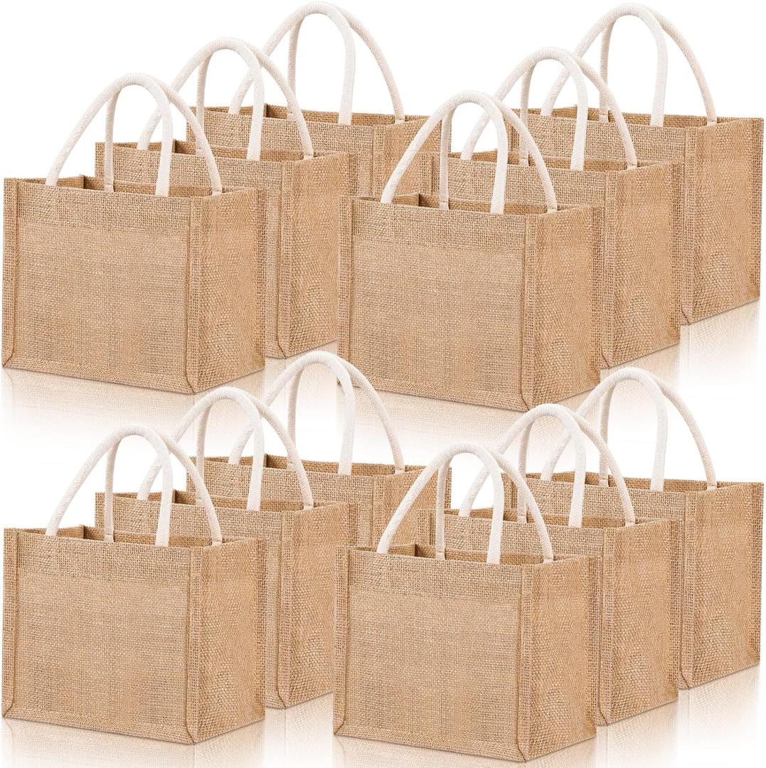 12 Pcs Burlap Tote Bag Mini Jute Reusable Bag with Handles Small Blank Canvas Gift Waterproof for Wedding Beach DIY