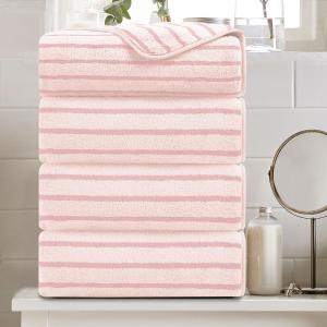 4 Piece Pink Cabana Stripe Large Bath Towels 35"x70" Oversized Bath Sheet Super Soft Breathable Jumbo Bathroom Towels Highly Absorbent Shower Towel Quick Dry Beach Chair Towel Spa Gym Hotel Towel Set