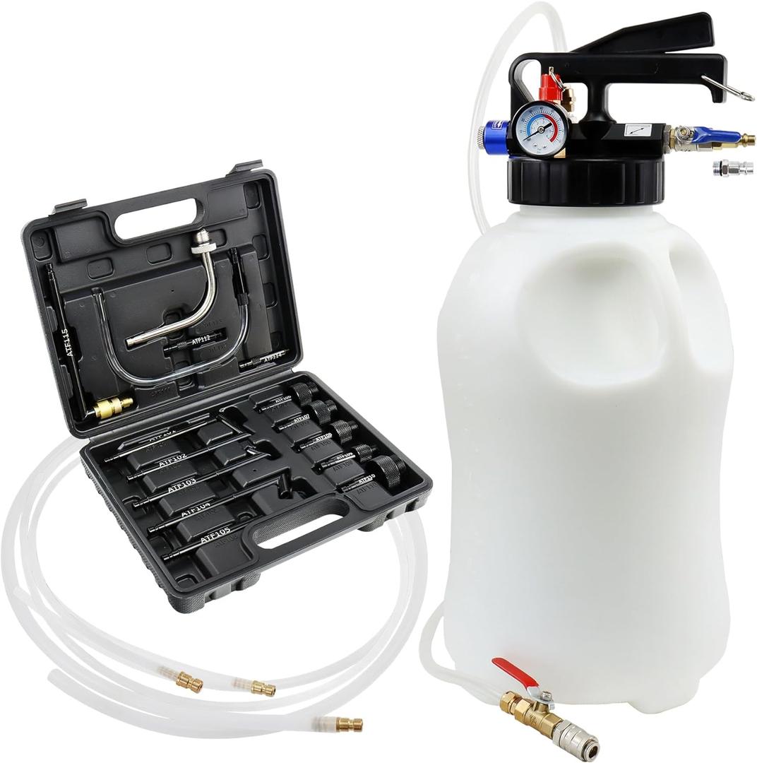 JoyFans 10L Pneumatic Transmission Fluid Pump Extractor and Dispenser, Gearbox Oil Transfer System Refill Fill Evacuator Tool Kit with 15PCS ATF Adapters for Most Garage Shop Vehicles (Black Suitcase)