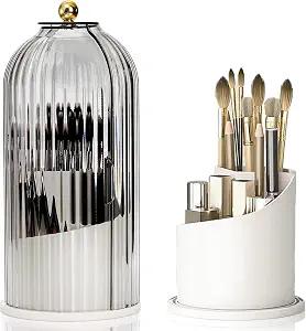 Makeup Brush Holder Organizer with Lids, 360°Rotating Clear Dustproof Make Up Brush Container Box, Vanity Spinning Cosmetic Tools Storage Cup for Desktop Office Bathroom Countertop
