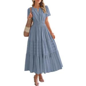 BTFBM Womens Summer 2026 Casual Midi Maxi Dresses Lightweight Short Sleeve V Neck Elastic Waist Boho Beach Dress Pockets (Blue Grey)
