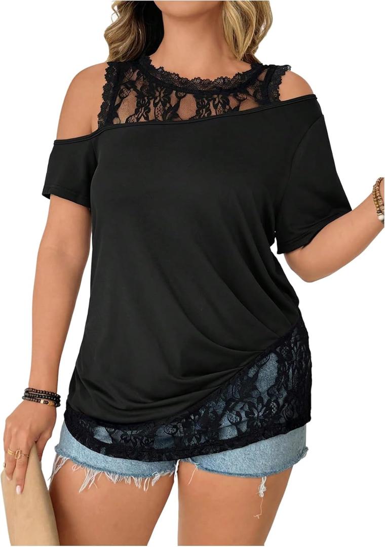 Verdusa Women's Plus Size Lace Cold Shoulder T Shirt Short Sleeve Going Out Tops Tunics Shirts (XX-Large Plus, Black)