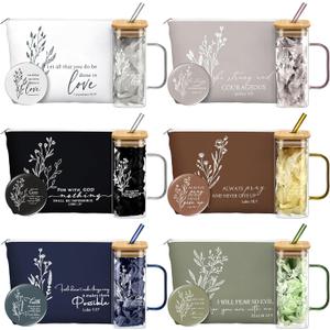 Fumete 6 Sets Christian Gifts for Women Bible Verse Flower Makeup Bags Religious Glass Coffee Cup with Handle Bamboo Lid Straw Mini Compact Mirrors for Church Sunday School Teacher Nurse CNA Week Gift
