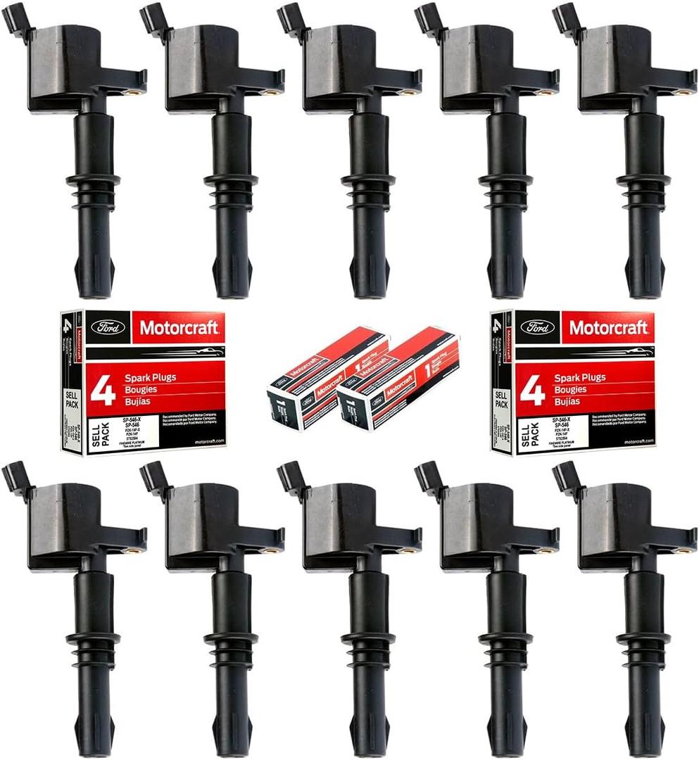 MAS Set of 10 Straight Boot Ignition Coil Pack DG511 & Platinum Spark Plug SP546 SP515 Compatible with Ford F250 F350 F450 F550 Super Duty 6.8L V10 Replacement for 3L3E12A366CA 5C1584 C1541