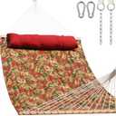 Lazy Daze Hammocks 12FT Quilted Fabric Hammock with Soft Pillow, Double 2 Person Tree Hammock with Spreader Bar for Outside Patio Poolside Backyard Beach, 450 lbs Capacity, Red Leaf, Floral Red