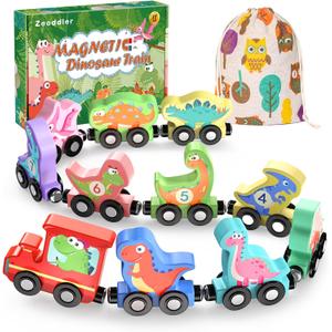 Toys for Toddlers, 11 Magnetic Wooden Dinosaur Train Set, Montessori Toys for Toddlers, Preschool Educational Material for Kids, Birthday Gifts for Boys, Girls