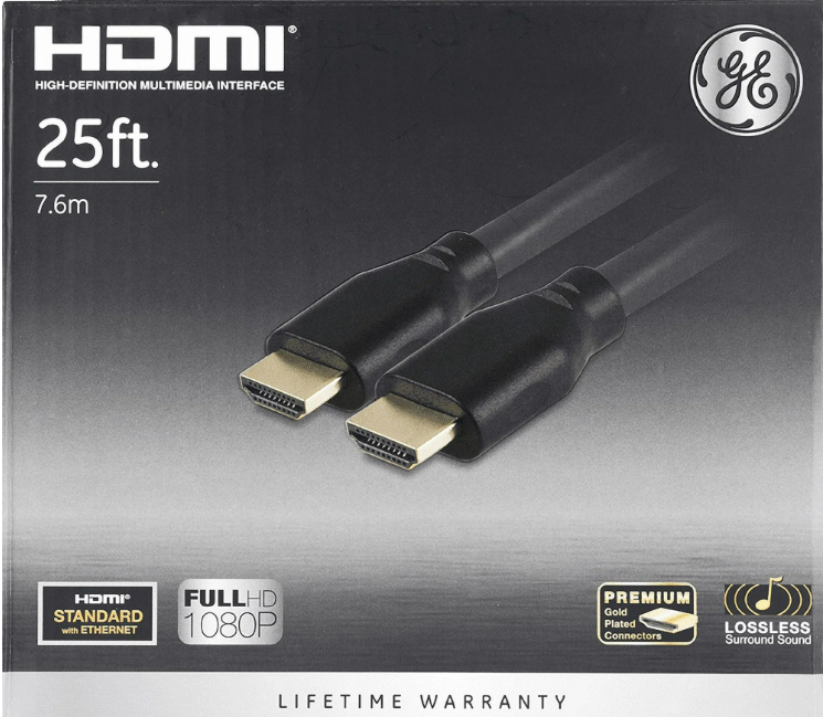 GE 25ft 4K HDMI 2.0 Cable with Ethernet, Gold-Plated Connectors, Black, 48723, New