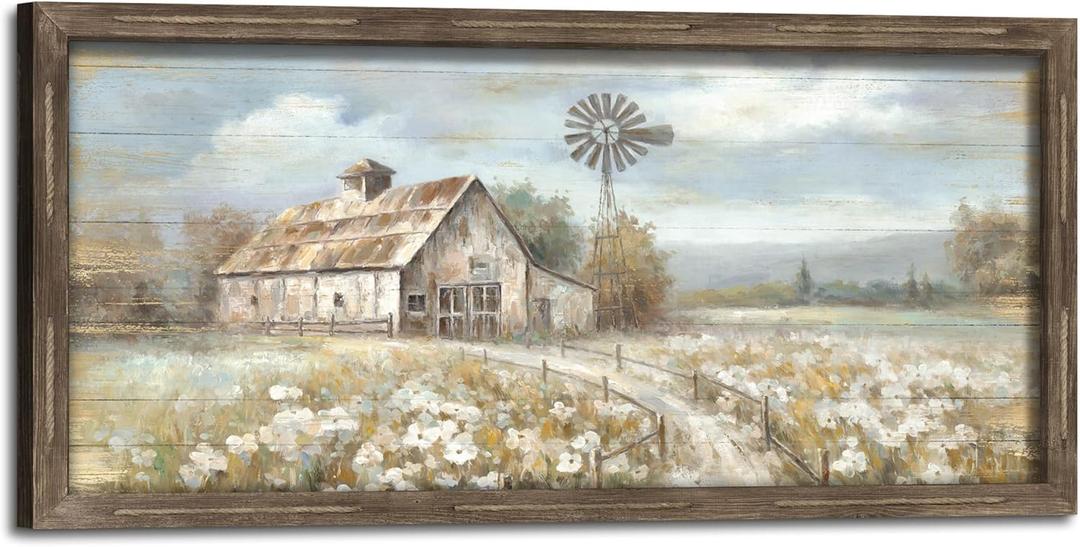 Farmhouse Wall Art Wood Decor: Large Framed Barn Windmill Picture Rustic Country Farm Print Artwork Rural Countryside Landscape Painting for Home Bedroom Decorations (57"L x 27"W)