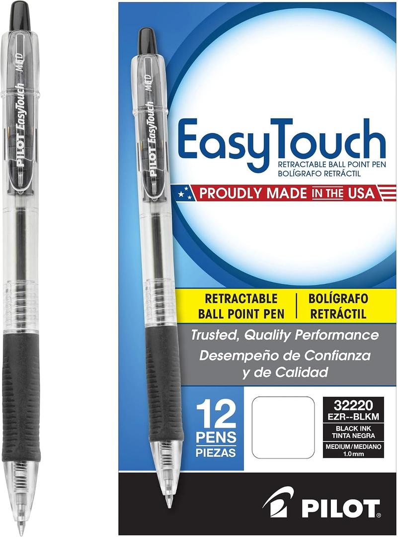 PILOT EasyTouch Refillable & Retractable Ballpoint Pens, Medium Point, Black Ink, 12-Pack (32220)