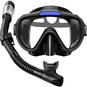 Snorkel Set Adults Snorkeling Gear Anti-Fog Panoramic View Swim Mask Dry Top Snorkel Kit with Carry Bag for Snorkeling Scuba Diving Swimming Travel (Black)