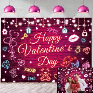Happy Valentine's Day Backdrop 7x5FT Pink Neon Valentine's Day Photography Background Red Brick Wall Banner Valentines Party Decoration Supplies Photo Props