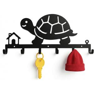 Turtle Wall Hook & Key Holder, Black, 13.2 Inch | 6 Hooks, Wall Mount, Kids Key Organizer, Metal, Entryway Key Rack