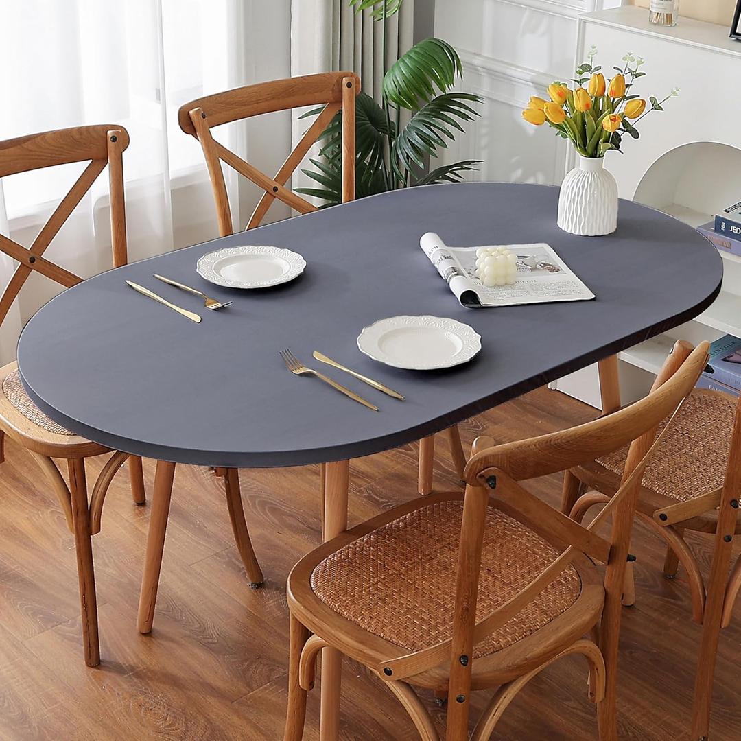 Spandex Oval Fitted Table Cover, Washable Non Pilling Breathable Fabric Indoor Tablecloth Elastic Band for Dining Kitchen Party Banquet Decoration 42 x 60 Inch Grey