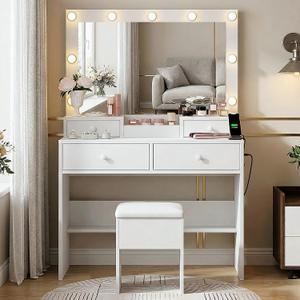 Haewon Vanity Desk with LED Lighted Mirror and Power Outlet, Makeup Vanity Table with 3 Lighting Modes, Vanity Desk Set with 4 Drawers and Storage Chair for Bedroom, White, Small
