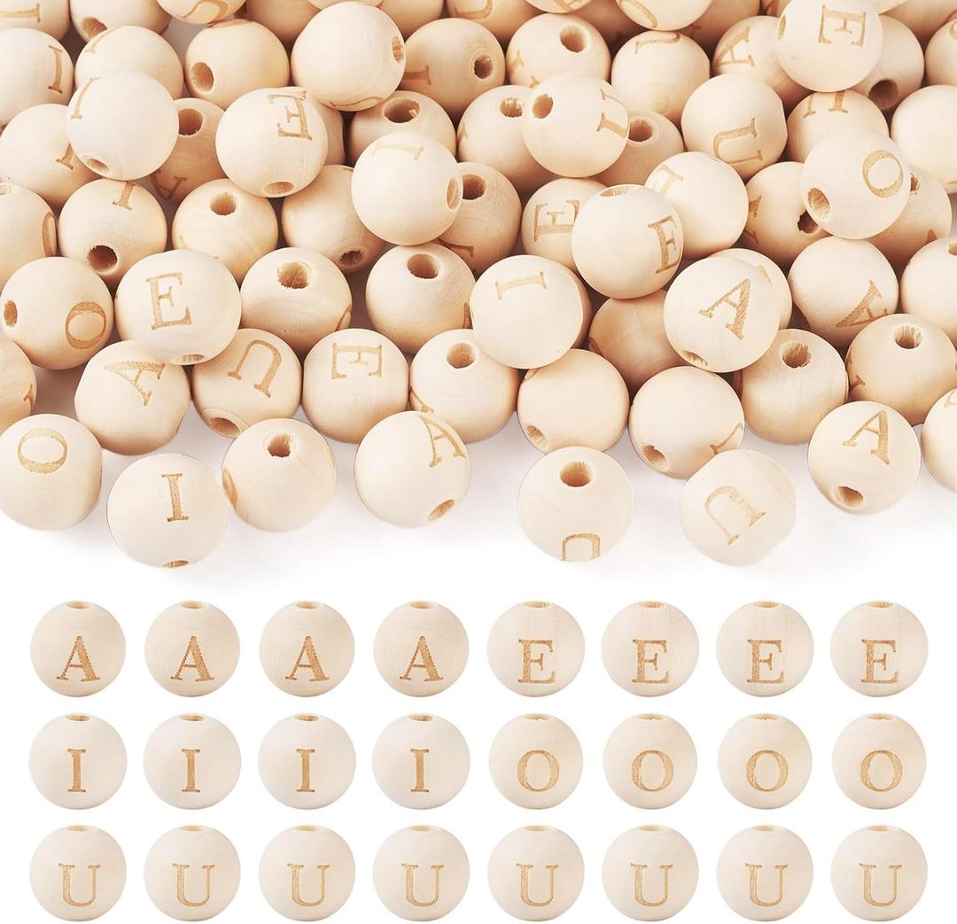 Cheriswelry 100pcs Letter Round Natural Wood Beads 16mm Unfinished Wooden European Large Hole Beads for DIY Craft Bracelet Necklace Jewelry Making