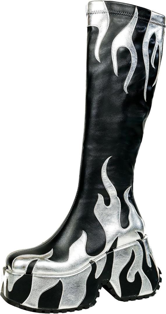 HiColor women’s side zipper high heeled red Flames printing thick sole boots high boots round toe boots GOTH BOOTS PUNK PLATFORM BOOT Y2K FLAME SHOES, Size 9