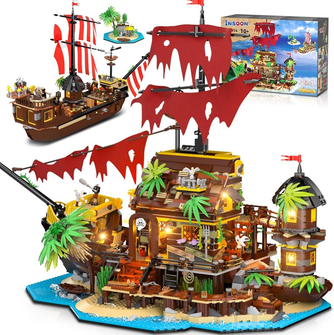 INSOON Pirate Shipwreck House Mini Building Set with LED Light, 1854 PCS, 2 in 1 Pirate Ship Building Block, Shipwreck Model Home Decor, Kids Boys Age 10-12+