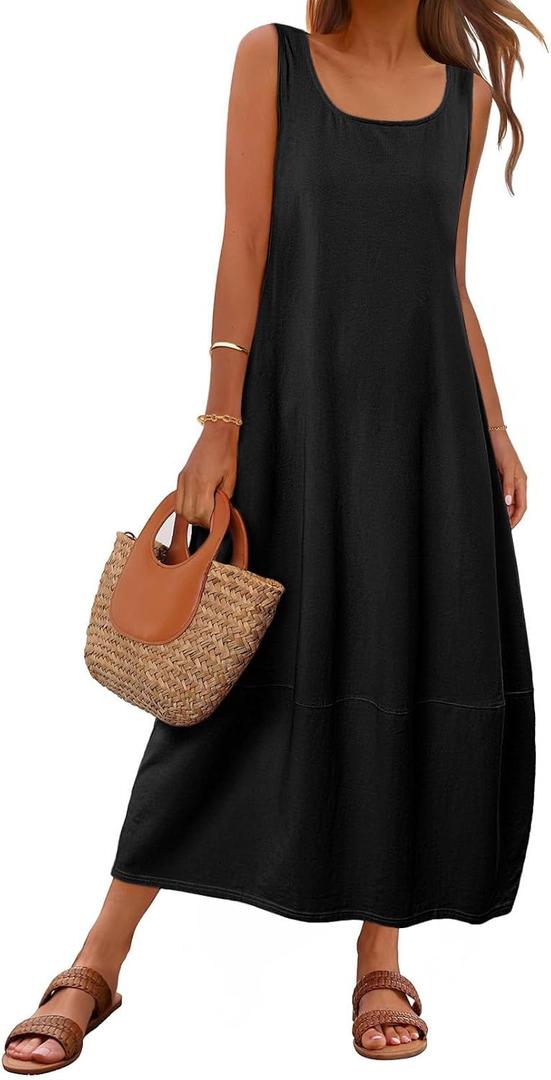 MEROKEETY Women's Boho Maxi Sundress 2026 Summer Beach Dress Scoop Neck Sleeveless Loose Tank Dress (Black, XL)
