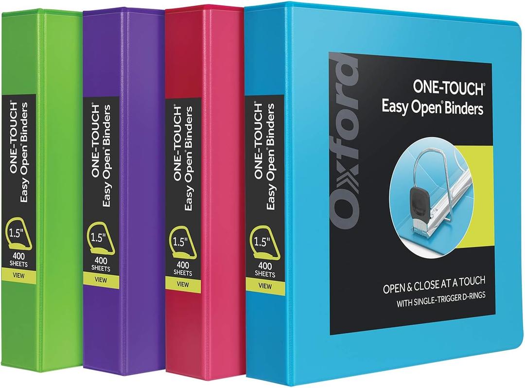 Oxford 1.5 Inch Binders, 4 Pack, 3 Ring Binder, ONE-Touch Easy Open D-Rings, Holds 375 Sheets, Non-Stick, PVC-Free, Three Ring Binders for Organization and Presentations, Assorted Colors