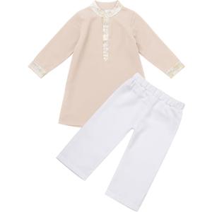 IDOPIP Muslim Baby Boys Outfits Embroidered Ramadan Eid Thobe Robe with Pants Long Sleeve Arabic Islamic Kaftan Abaya Clothes (2-3T, Apricot + White)